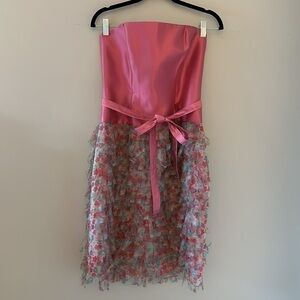 Chetta B Strapless Silk Dress Pink w/ Pastel Floral Frill Sz 10 Party Chic